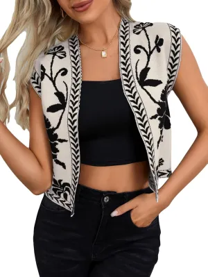Verdusa Women's Floral Sweater Vest Cap Sleeve Knit Sweater TopsSleeveless Vest Boho Tops Trendy