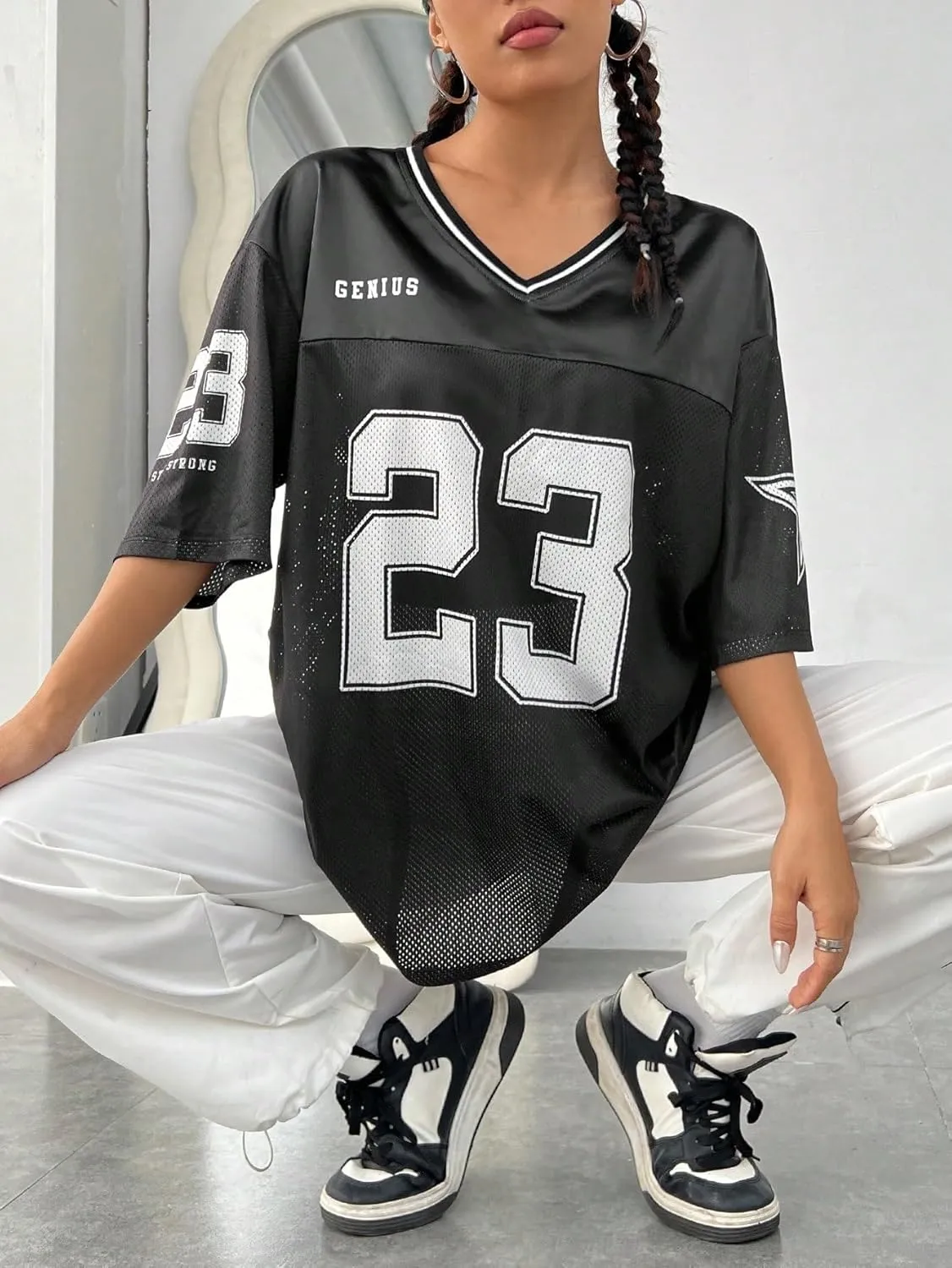 Verdusa Women's Jersey Shirts Graphic Tees Oversized Streetwear Letter Print T Shirt V Neck Tee Top