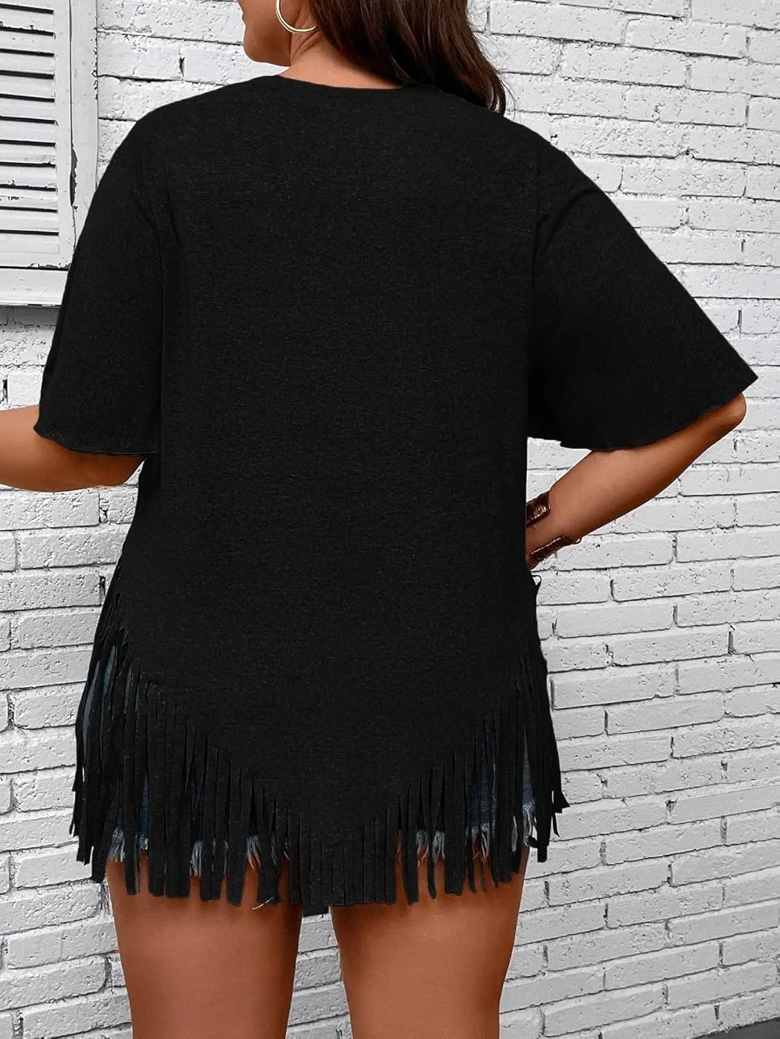 Verdusa Women's Plus Size Fringe Trim Half Sleeve Round Neck Tee Top Long T Shirt