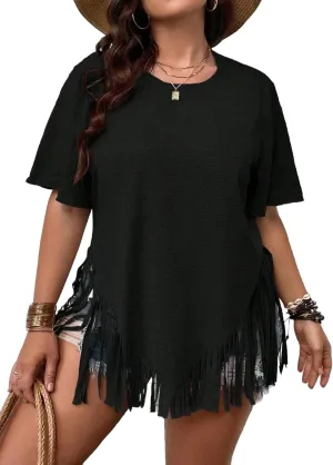 Verdusa Women's Plus Size Fringe Trim Half Sleeve Round Neck Tee Top Long T Shirt