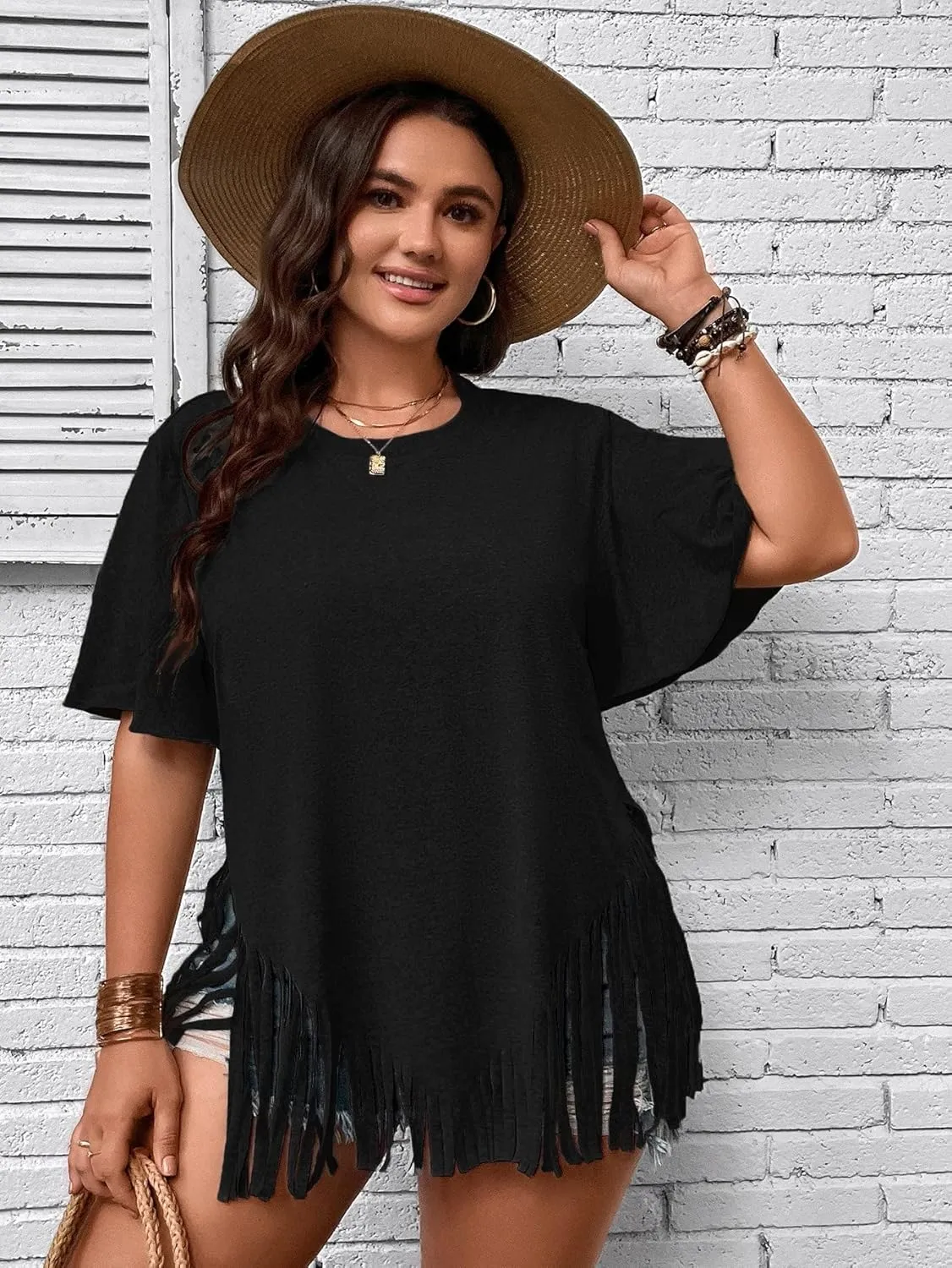 Verdusa Women's Plus Size Fringe Trim Half Sleeve Round Neck Tee Top Long T Shirt