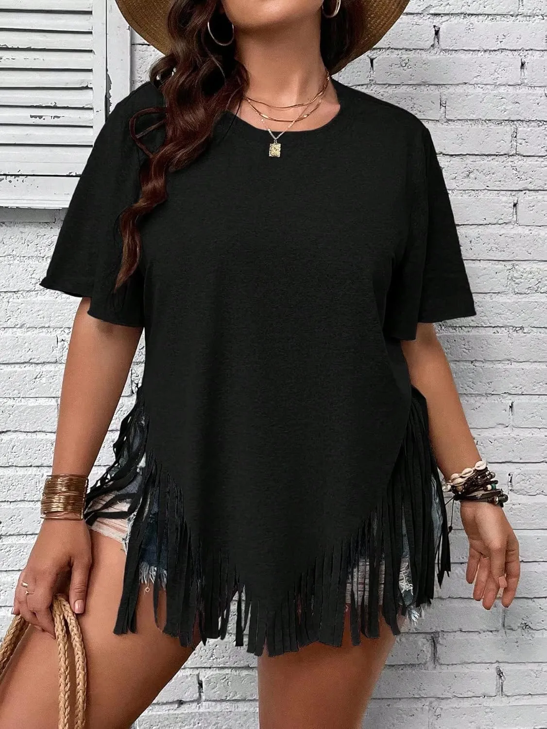 Verdusa Women's Plus Size Fringe Trim Half Sleeve Round Neck Tee Top Long T Shirt