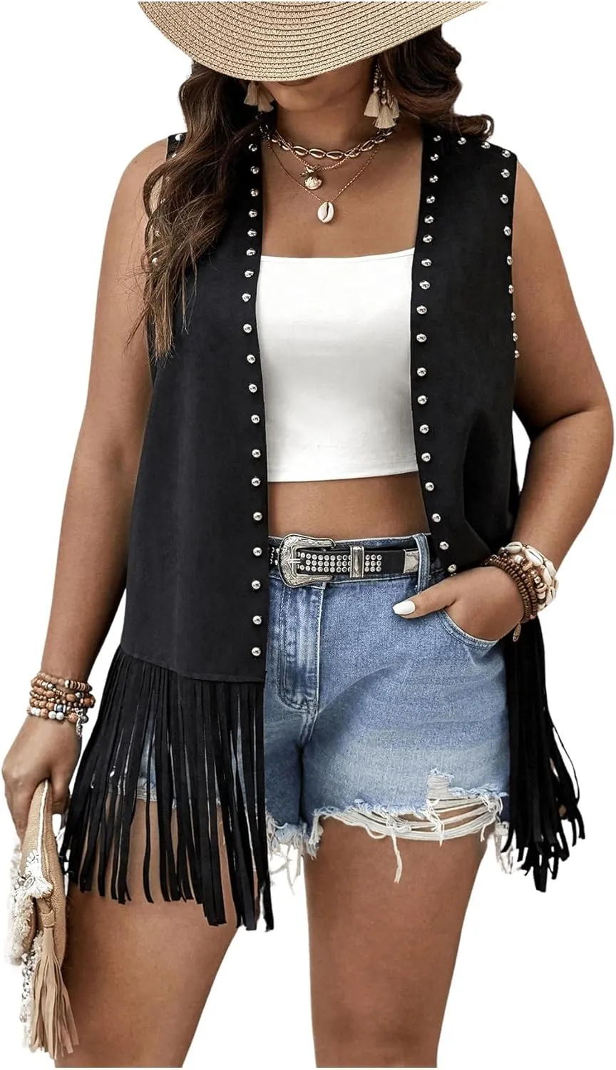 Verdusa Women's Plus Size Fringe Vest Faux Suede Rivets Sleeveless Tassel Jacket