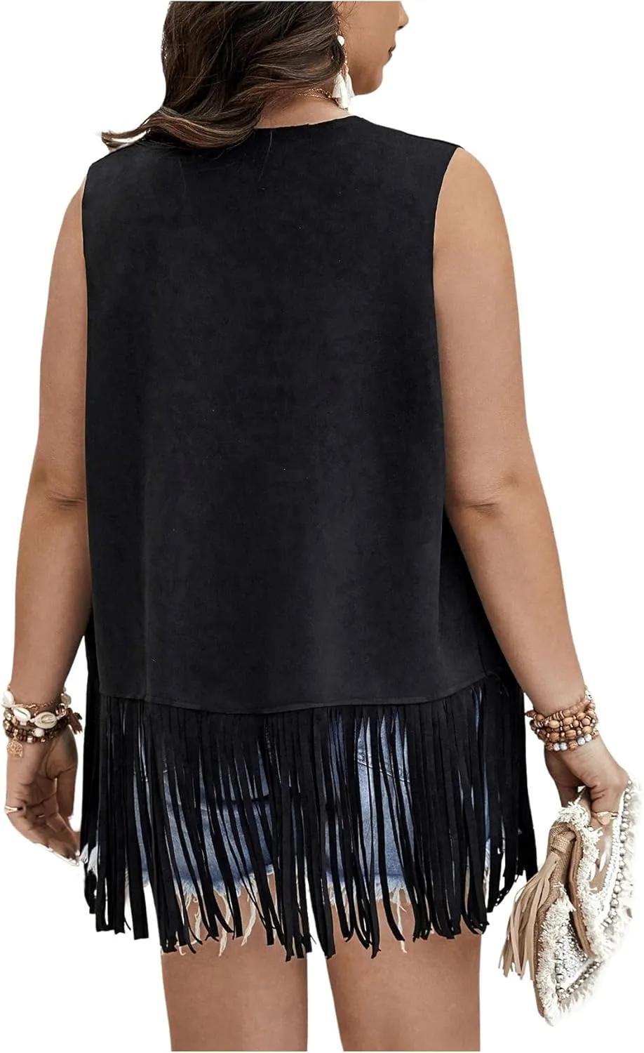 Verdusa Women's Plus Size Fringe Vest Faux Suede Rivets Sleeveless Tassel Jacket