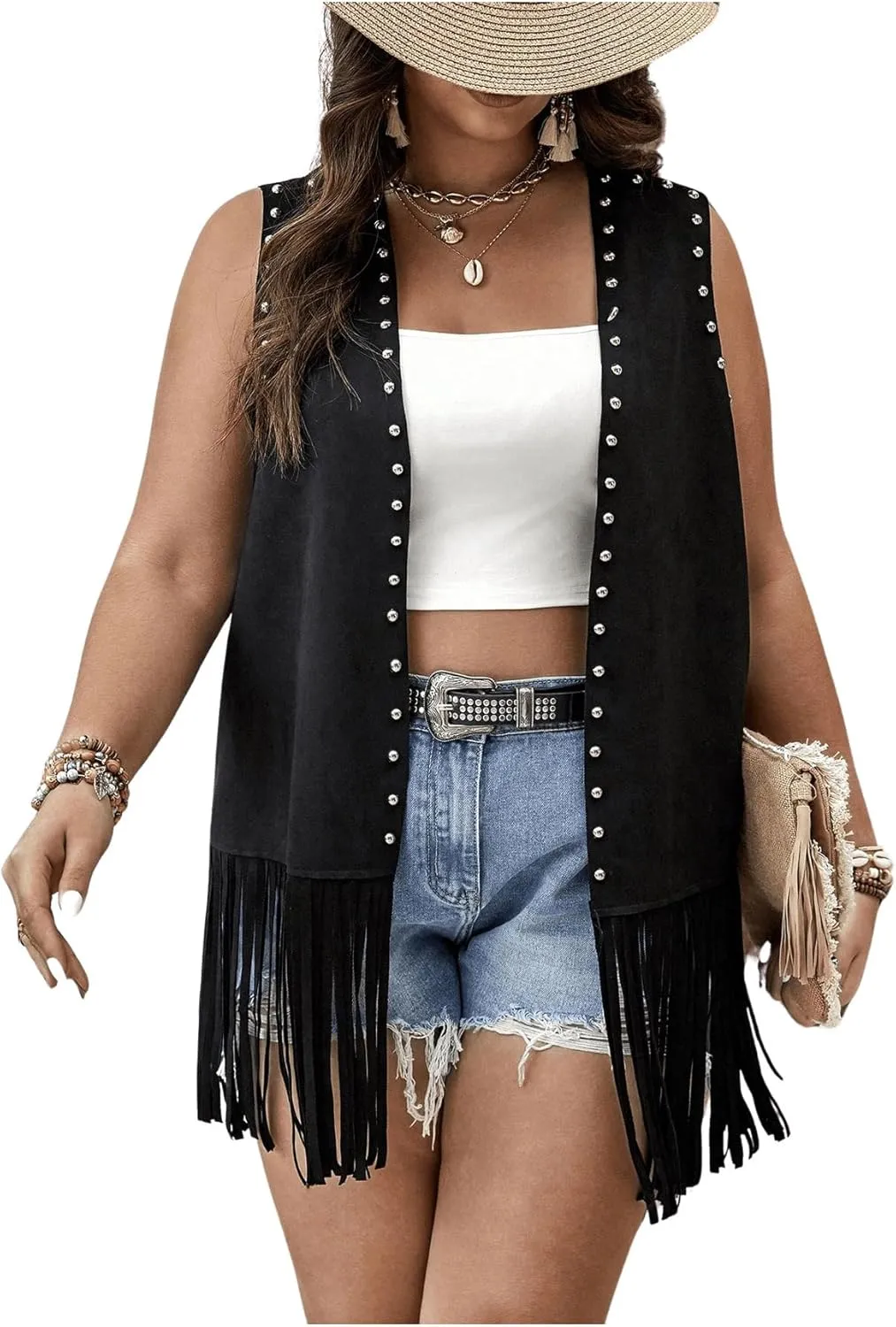 Verdusa Women's Plus Size Fringe Vest Faux Suede Rivets Sleeveless Tassel Jacket