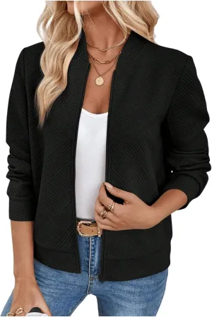 Verdusa Women's Zip Up Textured Bomber Jacket Casual Long Sleeve Outerwear