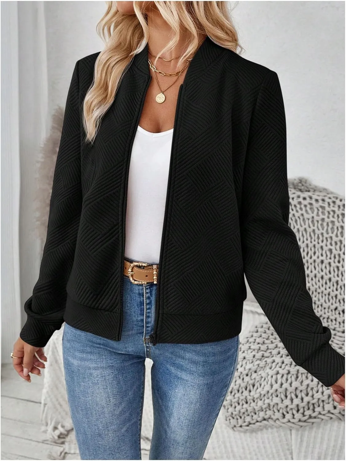 Verdusa Women's Zip Up Textured Bomber Jacket Casual Long Sleeve Outerwear