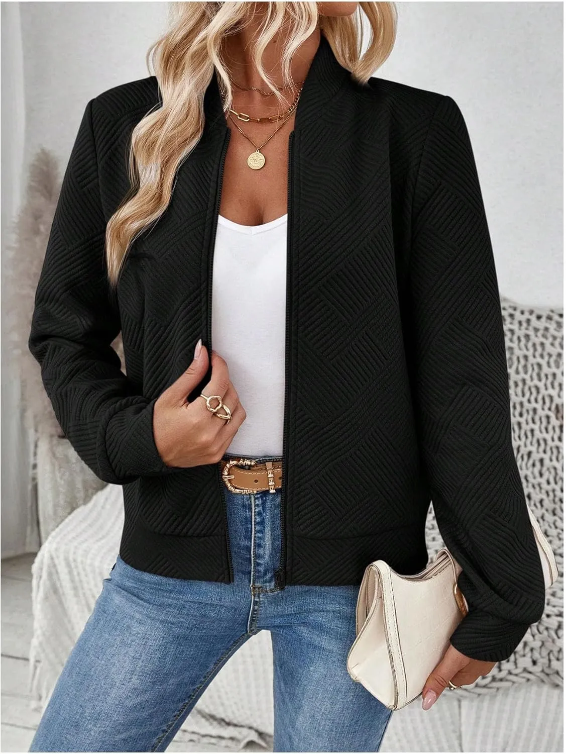 Verdusa Women's Zip Up Textured Bomber Jacket Casual Long Sleeve Outerwear