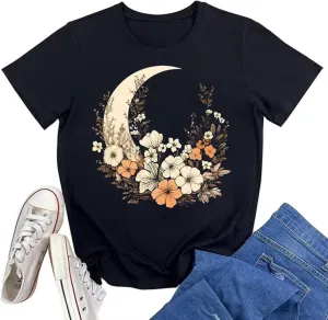 Vintage Women Boho Floral Moon Graphic T Shirt Funny Colorful Wildflowers Girl Short Sleeve Botanical Tee Tops