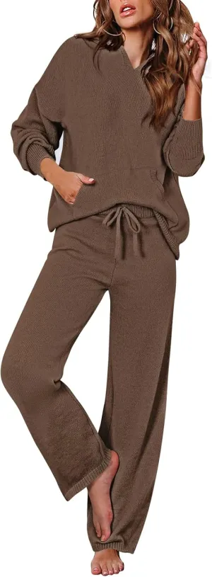 Viottiset Women's 2 Piece Outfits Sweater Set Long Sleeve Hoodies With Pocket Wide Leg Pants Lounge Sets Tracksuit