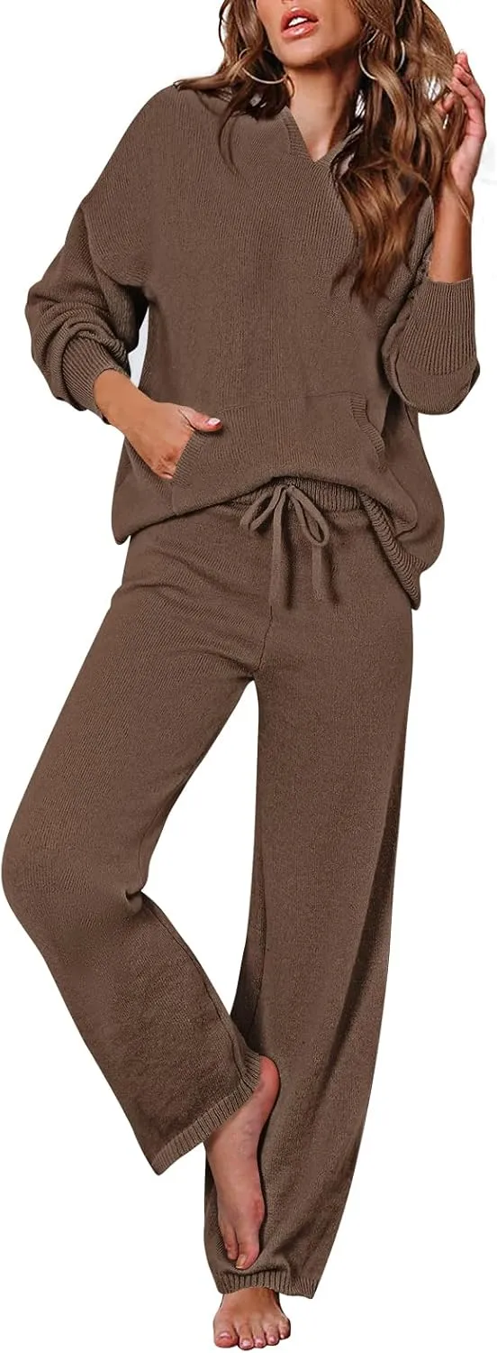 Viottiset Women's 2 Piece Outfits Sweater Set Long Sleeve Hoodies With Pocket Wide Leg Pants Lounge Sets Tracksuit