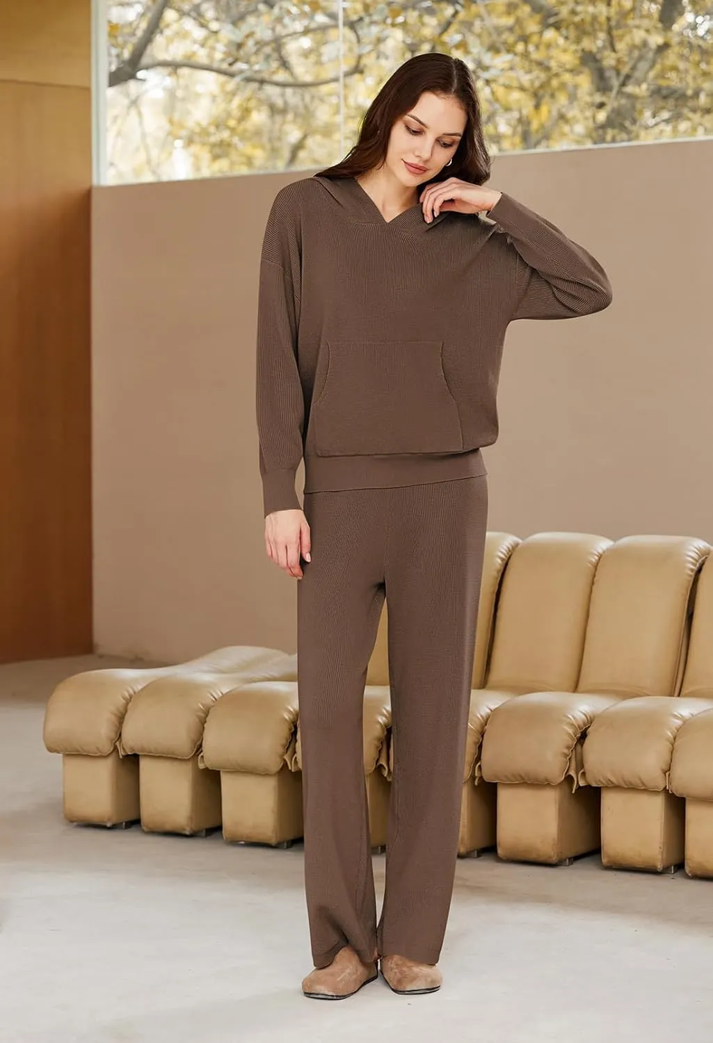 Viottiset Women's 2 Piece Outfits Sweater Set Long Sleeve Hoodies With Pocket Wide Leg Pants Lounge Sets Tracksuit