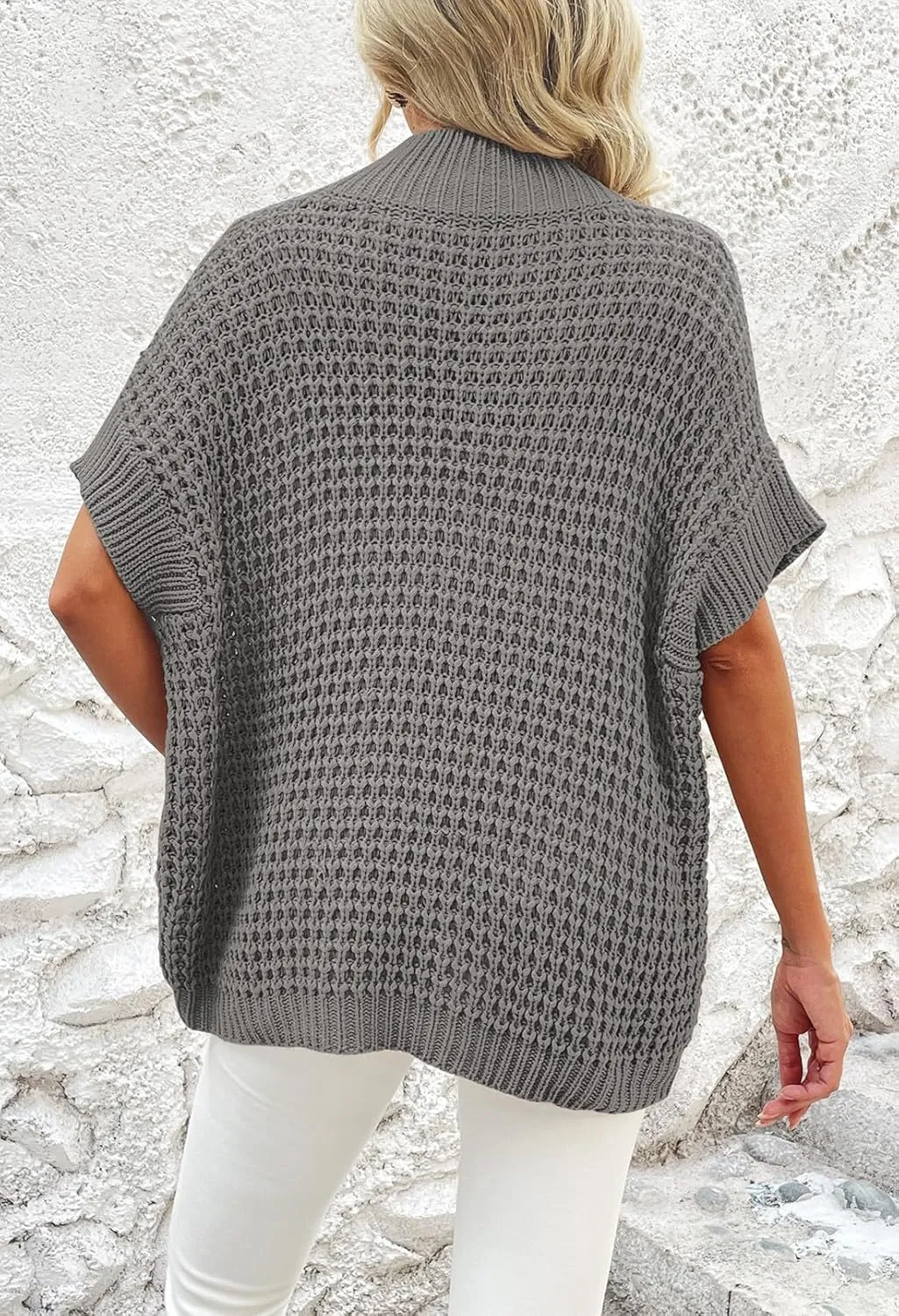 Viottiset Womens Oversized Short Batwing Sleeve Mock Neck Sweater Vest Fall Sleeveless Pullover Knit Sweaters