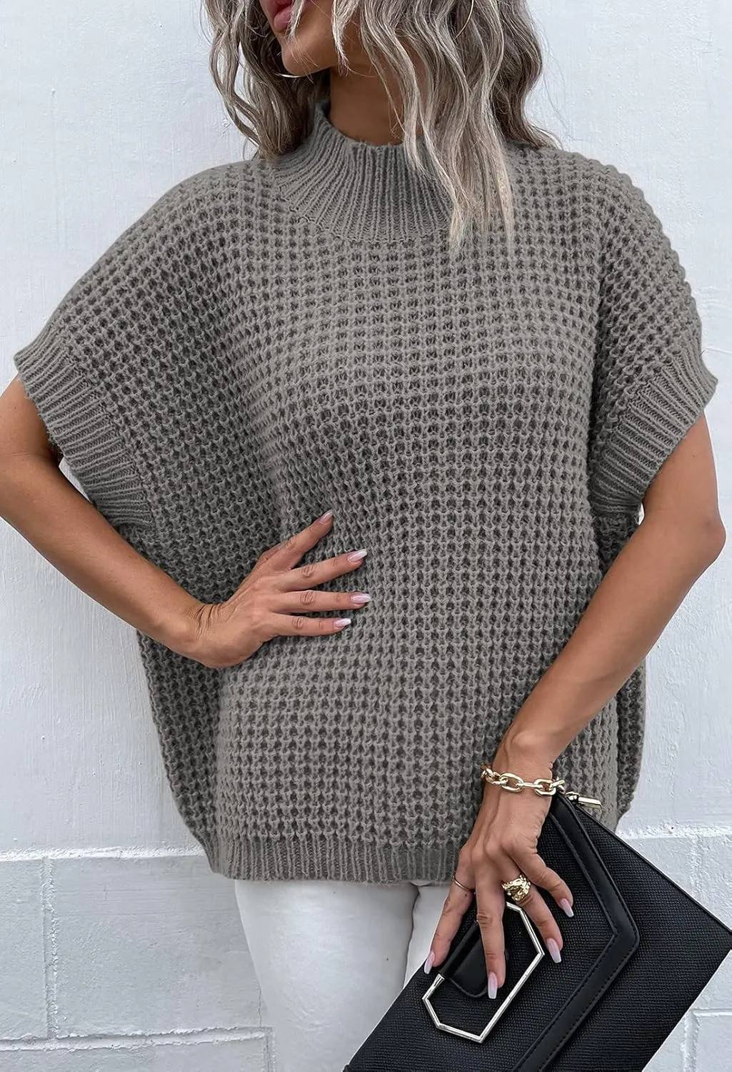 Viottiset Womens Oversized Short Batwing Sleeve Mock Neck Sweater Vest Fall Sleeveless Pullover Knit Sweaters