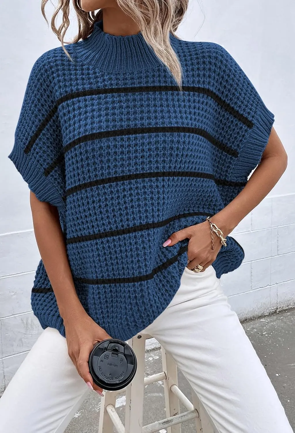 Viottiset Womens Oversized Short Batwing Sleeve Mock Neck Sweater Vest Fall Sleeveless Pullover Knit Sweaters