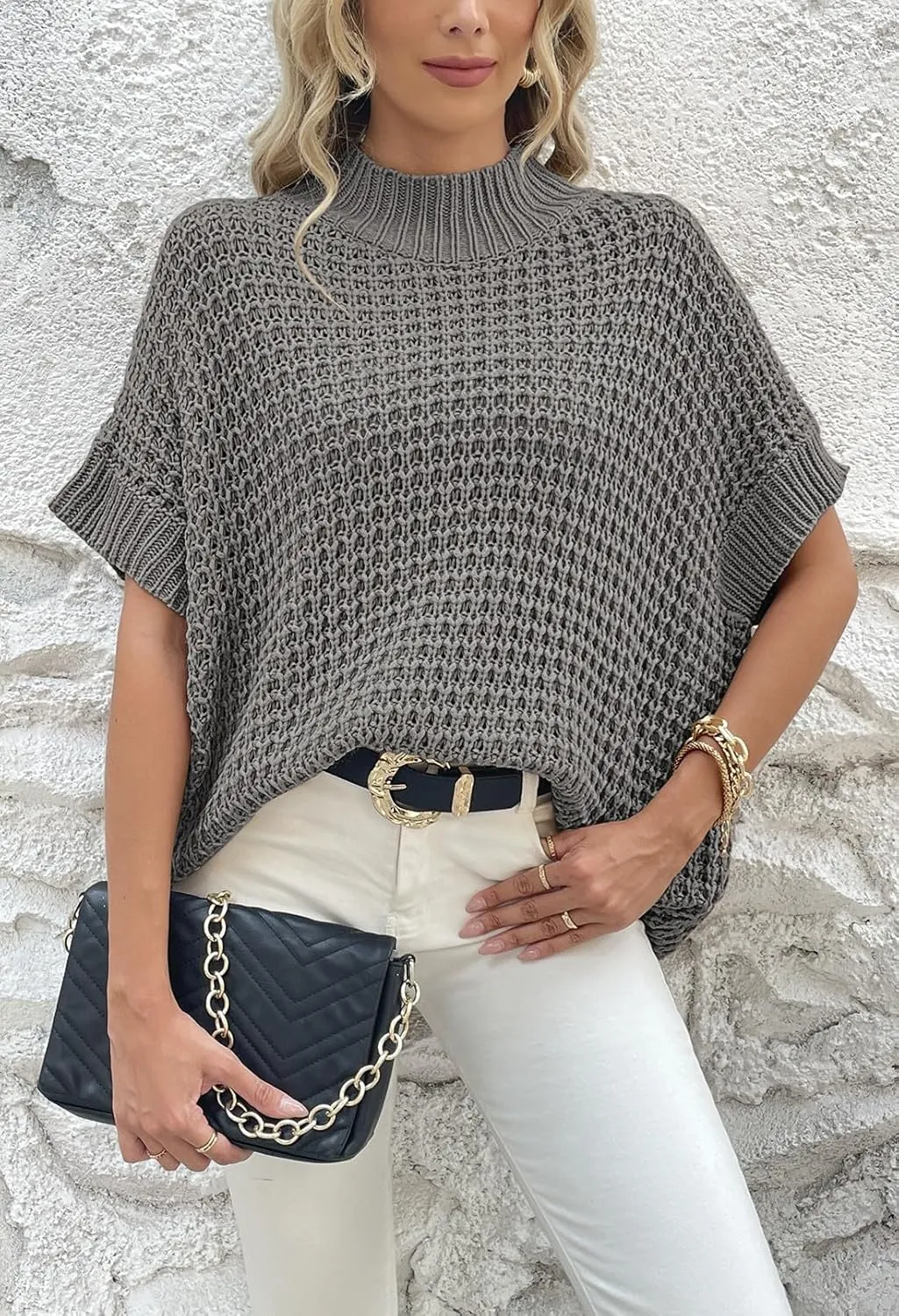 Viottiset Womens Oversized Short Batwing Sleeve Mock Neck Sweater Vest Fall Sleeveless Pullover Knit Sweaters