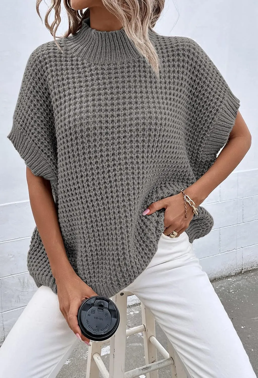 Viottiset Womens Oversized Short Batwing Sleeve Mock Neck Sweater Vest Fall Sleeveless Pullover Knit Sweaters