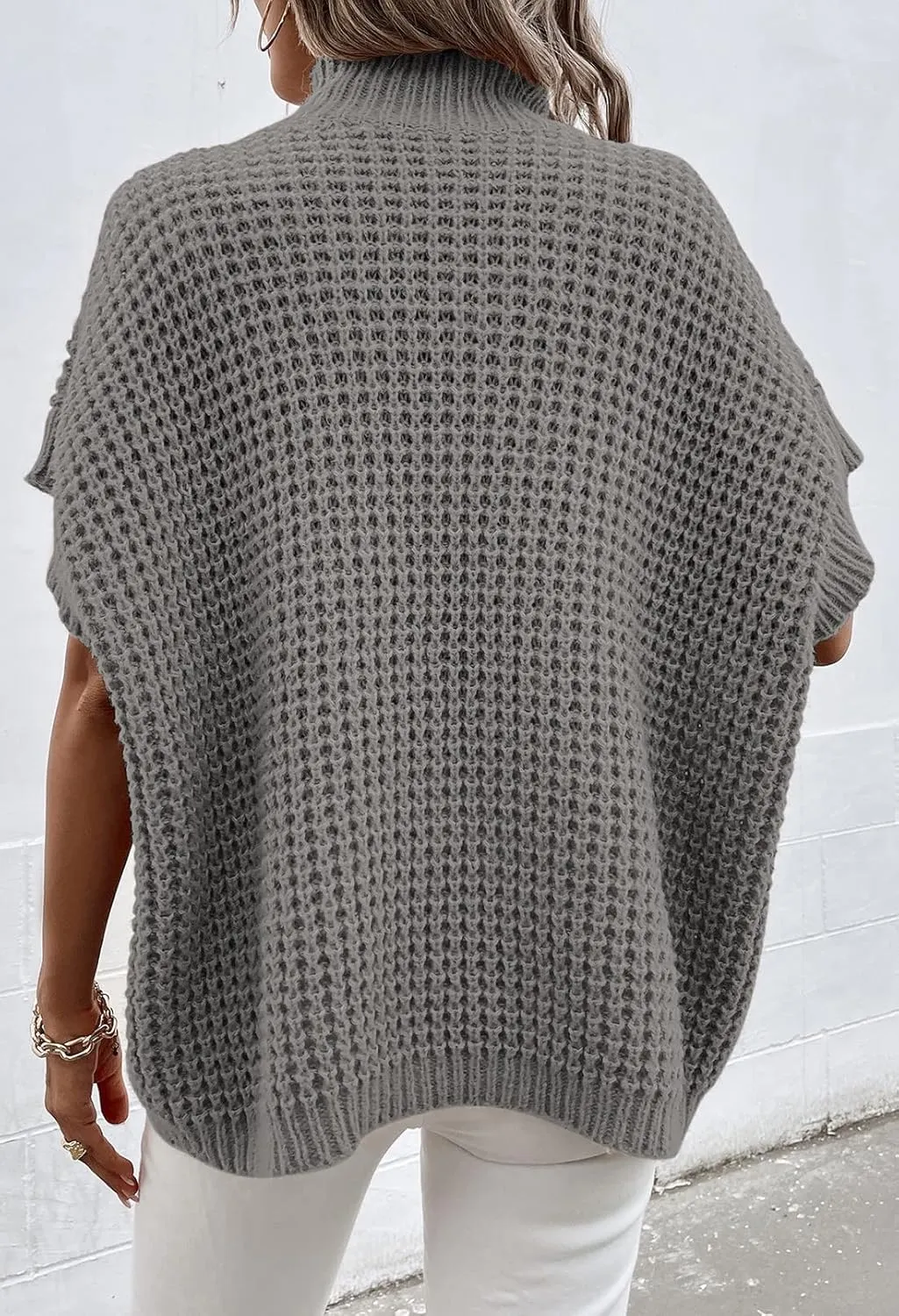 Viottiset Womens Oversized Short Batwing Sleeve Mock Neck Sweater Vest Fall Sleeveless Pullover Knit Sweaters