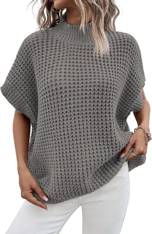 Viottiset Womens Oversized Short Batwing Sleeve Mock Neck Sweater Vest Fall Sleeveless Pullover Knit Sweaters