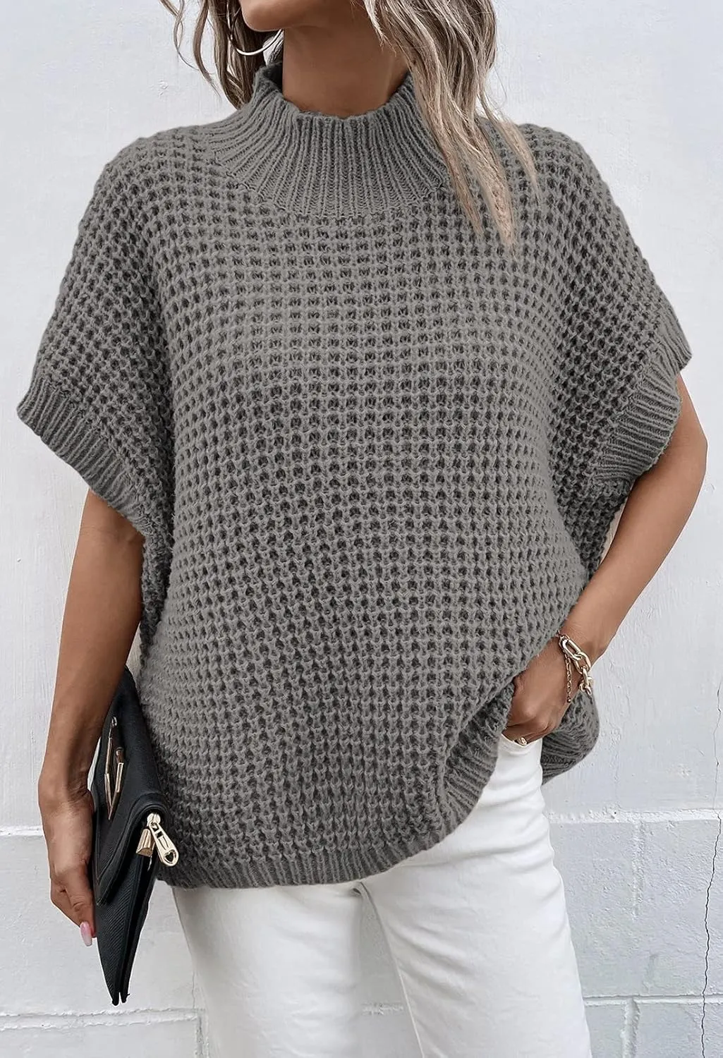 Viottiset Womens Oversized Short Batwing Sleeve Mock Neck Sweater Vest Fall Sleeveless Pullover Knit Sweaters