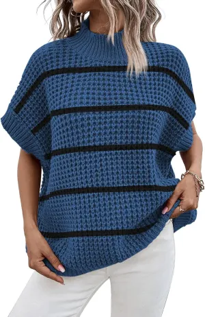 Viottiset Womens Oversized Short Batwing Sleeve Mock Neck Sweater Vest Fall Sleeveless Pullover Knit Sweaters