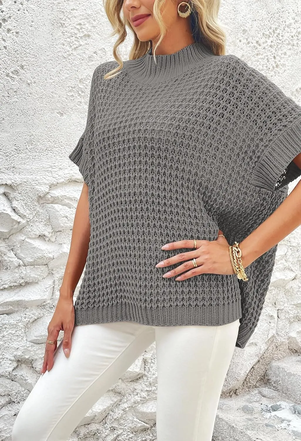 Viottiset Womens Oversized Short Batwing Sleeve Mock Neck Sweater Vest Fall Sleeveless Pullover Knit Sweaters