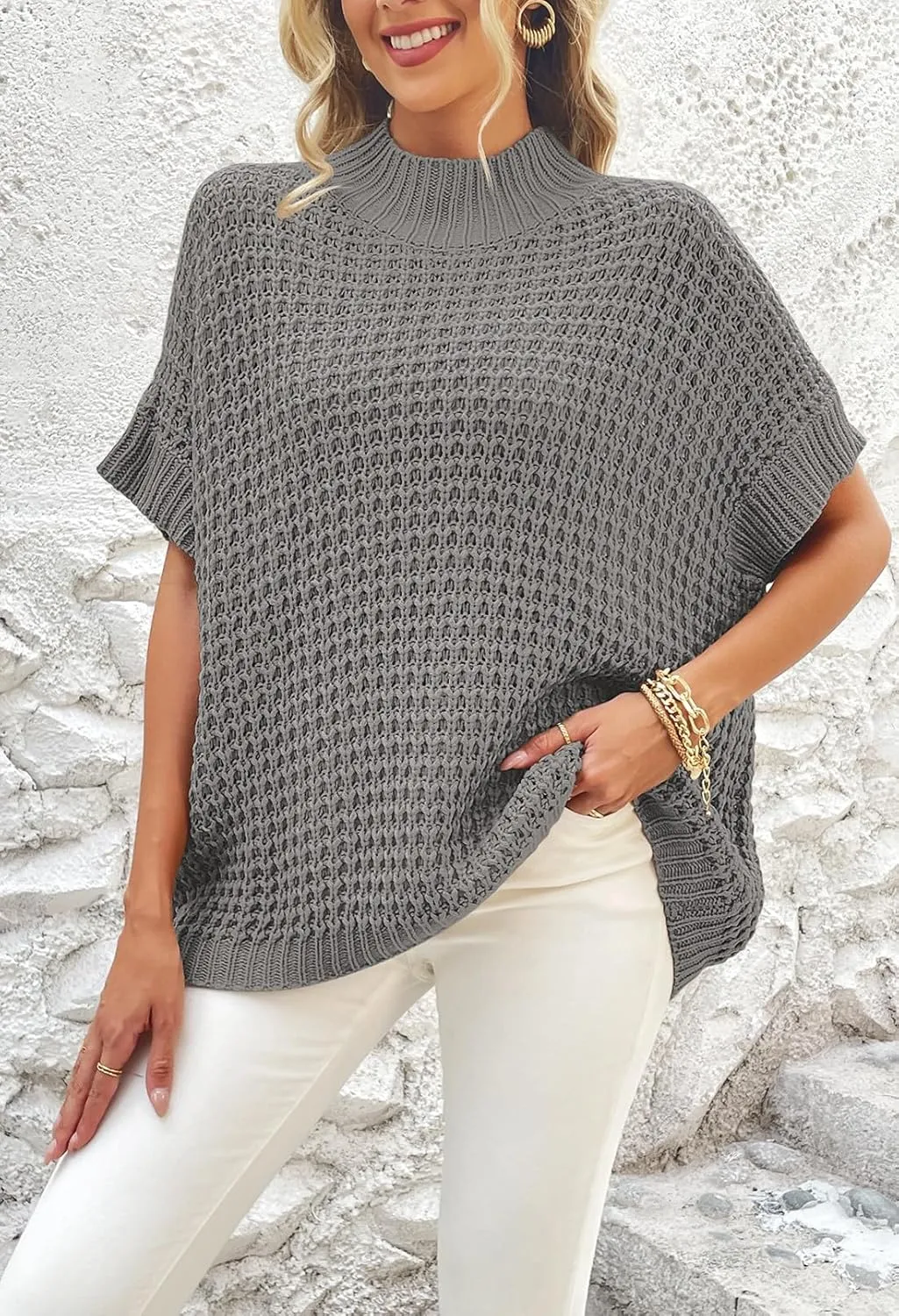 Viottiset Womens Oversized Short Batwing Sleeve Mock Neck Sweater Vest Fall Sleeveless Pullover Knit Sweaters