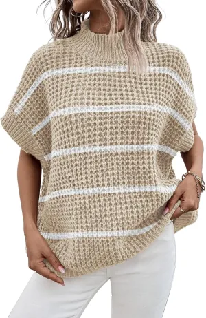 Viottiset Womens Oversized Short Batwing Sleeve Mock Neck Sweater Vest Fall Sleeveless Pullover Knit Sweaters