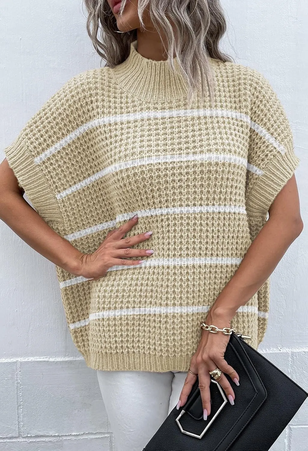 Viottiset Womens Oversized Short Batwing Sleeve Mock Neck Sweater Vest Fall Sleeveless Pullover Knit Sweaters