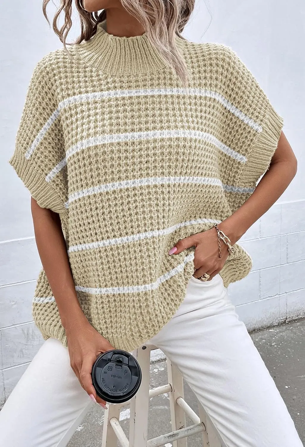 Viottiset Womens Oversized Short Batwing Sleeve Mock Neck Sweater Vest Fall Sleeveless Pullover Knit Sweaters