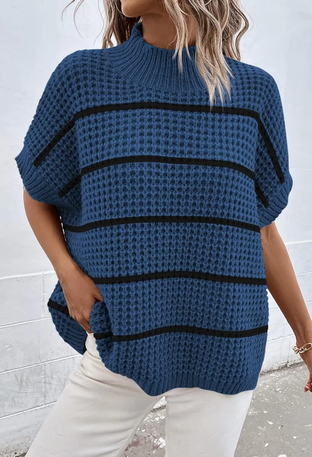 Viottiset Womens Oversized Short Batwing Sleeve Mock Neck Sweater Vest Fall Sleeveless Pullover Knit Sweaters