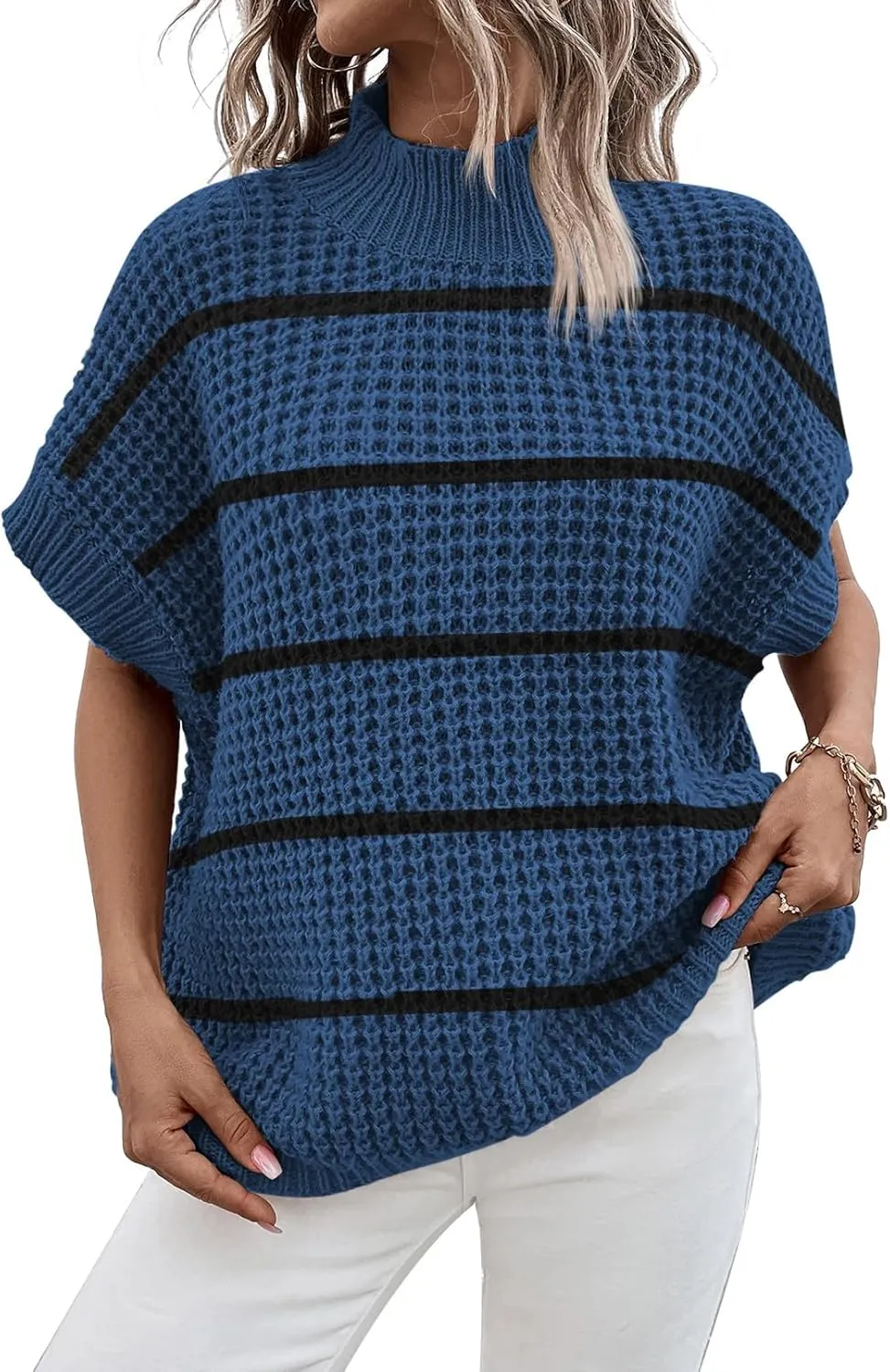 Viottiset Womens Oversized Short Batwing Sleeve Mock Neck Sweater Vest Fall Sleeveless Pullover Knit Sweaters