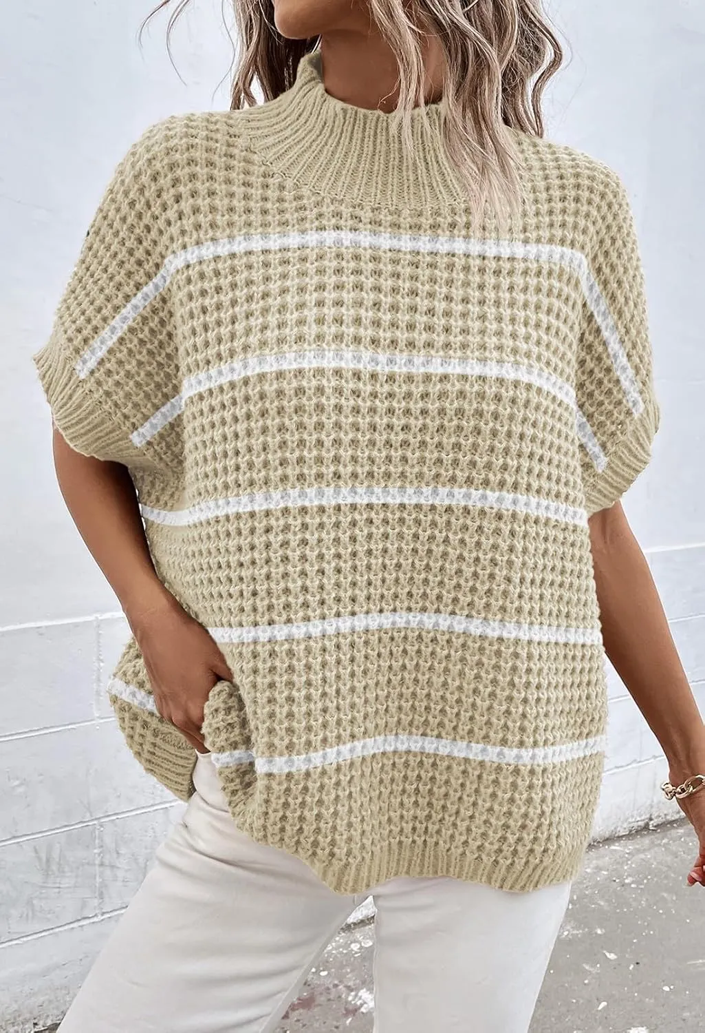Viottiset Womens Oversized Short Batwing Sleeve Mock Neck Sweater Vest Fall Sleeveless Pullover Knit Sweaters
