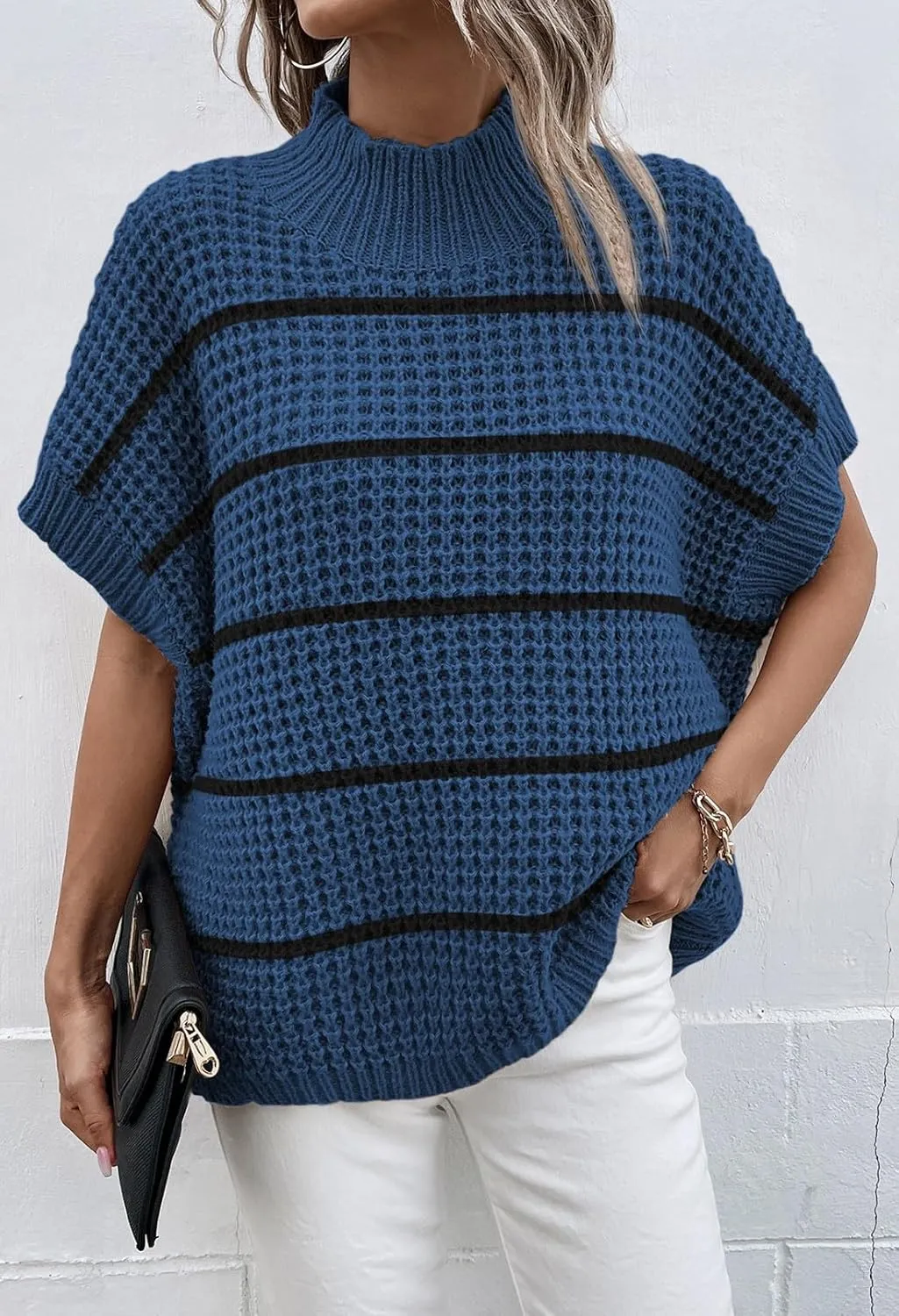 Viottiset Womens Oversized Short Batwing Sleeve Mock Neck Sweater Vest Fall Sleeveless Pullover Knit Sweaters