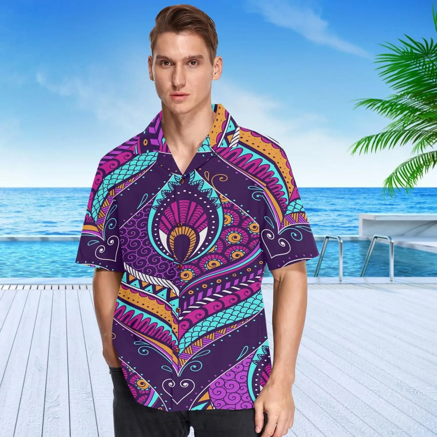 visesunny Novelty Hawaiian Shirt for Men Unisex Summer Beach Casual Short Sleeve Button Down Shirts Tropical Vacation Clothes