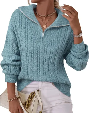 Vivilli Women's Oversized Sweater Quarter Zip Chunky Cable Knit Sweaters Fall Winter Fashion Pullover Sweater Tops
