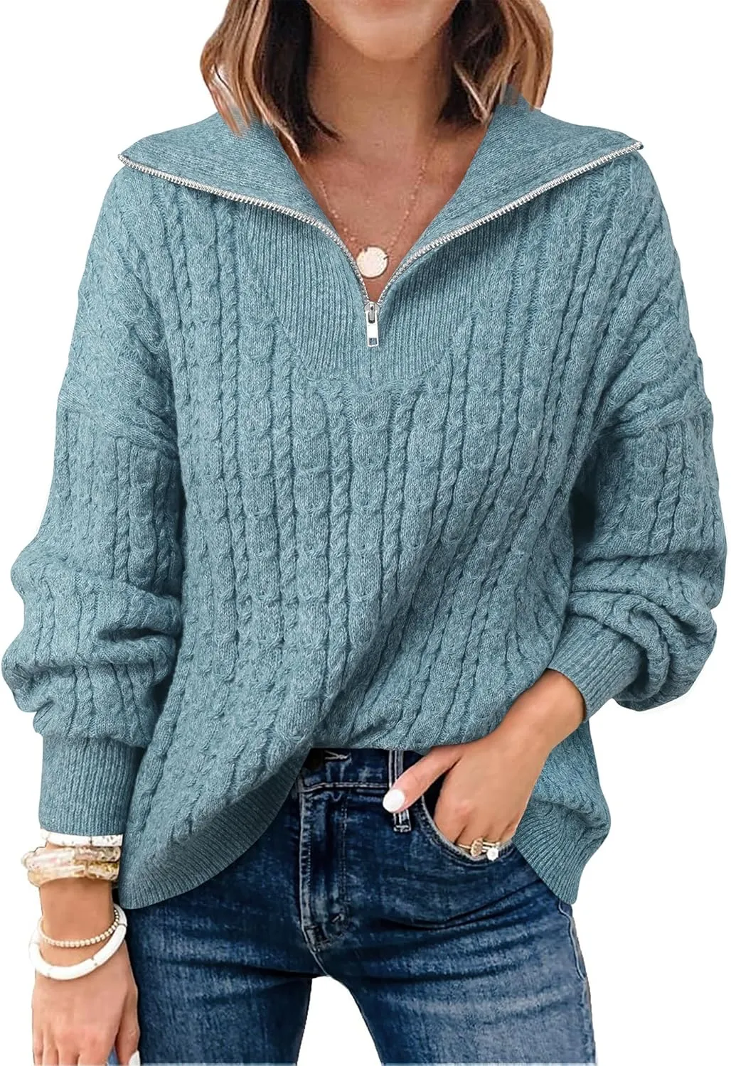 Vivilli Women's Oversized Sweater Quarter Zip Chunky Cable Knit Sweaters Fall Winter Fashion Pullover Sweater Tops