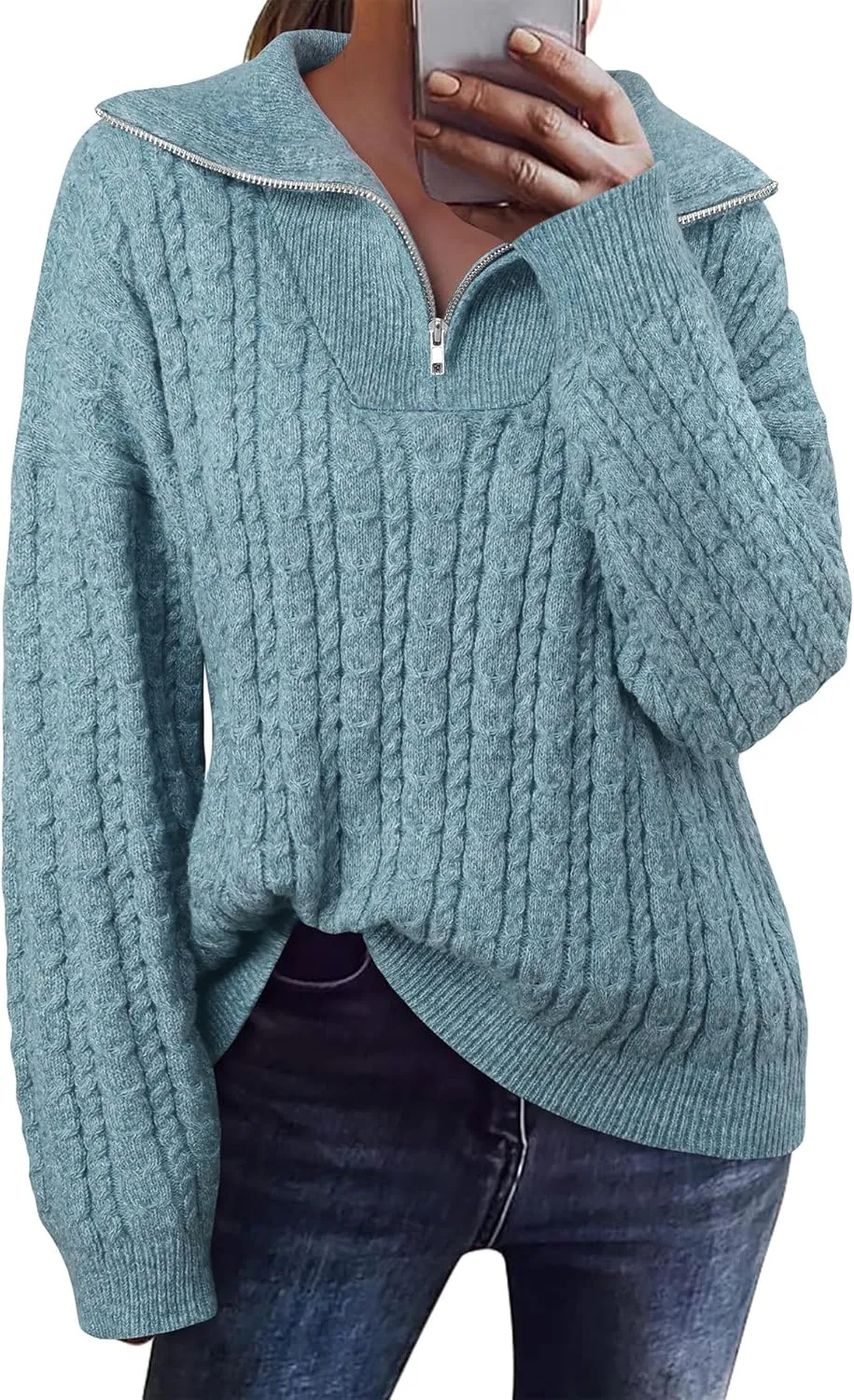 Vivilli Women's Oversized Sweater Quarter Zip Chunky Cable Knit Sweaters Fall Winter Fashion Pullover Sweater Tops