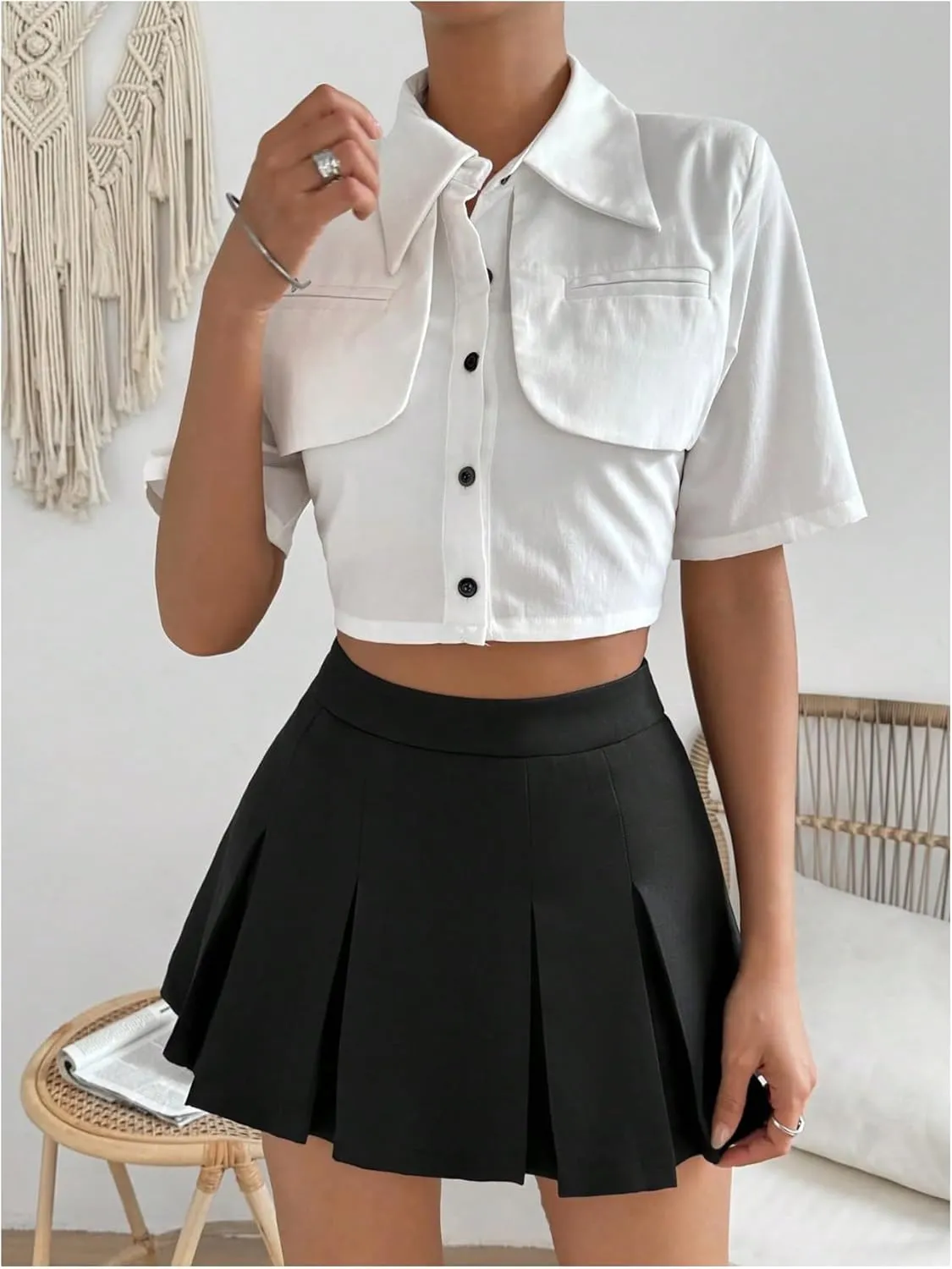 WDIRARA Women's High Waisted Pleated Skirt Skater A Line Mini Uniform Skirt