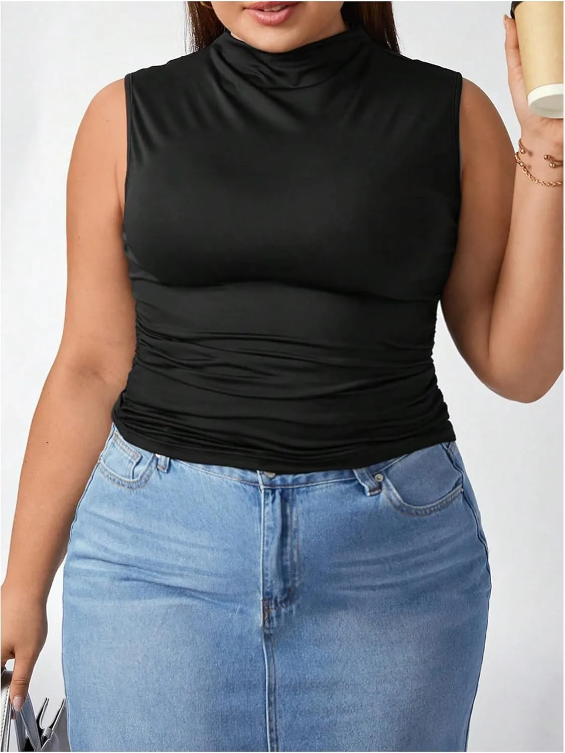WDIRARA Women's Plus Size 3 Pack Ruched Tank Top Mock Neck Sleeveless Basic Tee Shirt