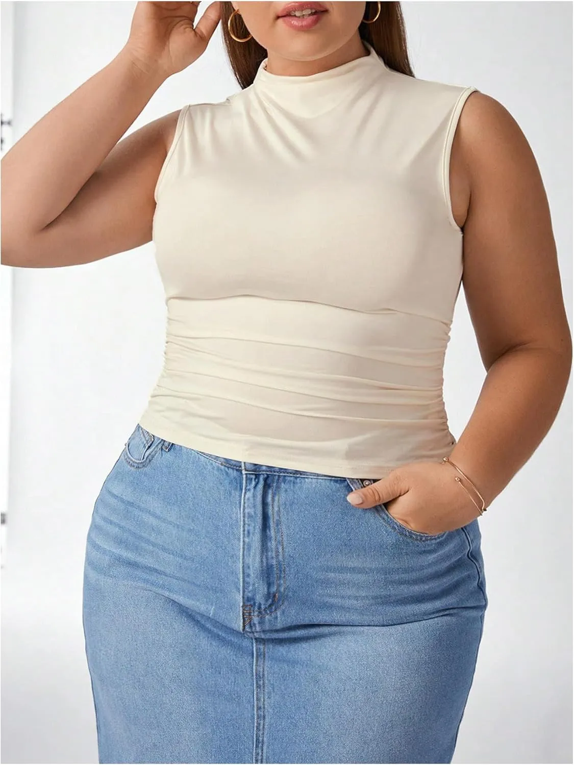 WDIRARA Women's Plus Size 3 Pack Ruched Tank Top Mock Neck Sleeveless Basic Tee Shirt