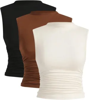 WDIRARA Women's Plus Size 3 Pack Ruched Tank Top Mock Neck Sleeveless Basic Tee Shirt