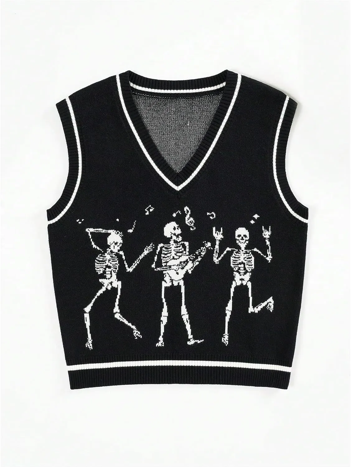 WDIRARA Women's Skull Graphic Print Sweater Vest V Neck Sleeveless Pullover Knitwear Tank Tops