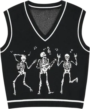 WDIRARA Women's Skull Graphic Print Sweater Vest V Neck Sleeveless Pullover Knitwear Tank Tops