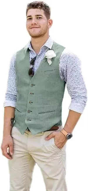 Wehilion Men Suit Vest Linen Beige Beach Wedding Waistcoat Summer Casual Men Groomsmen Dress Vest