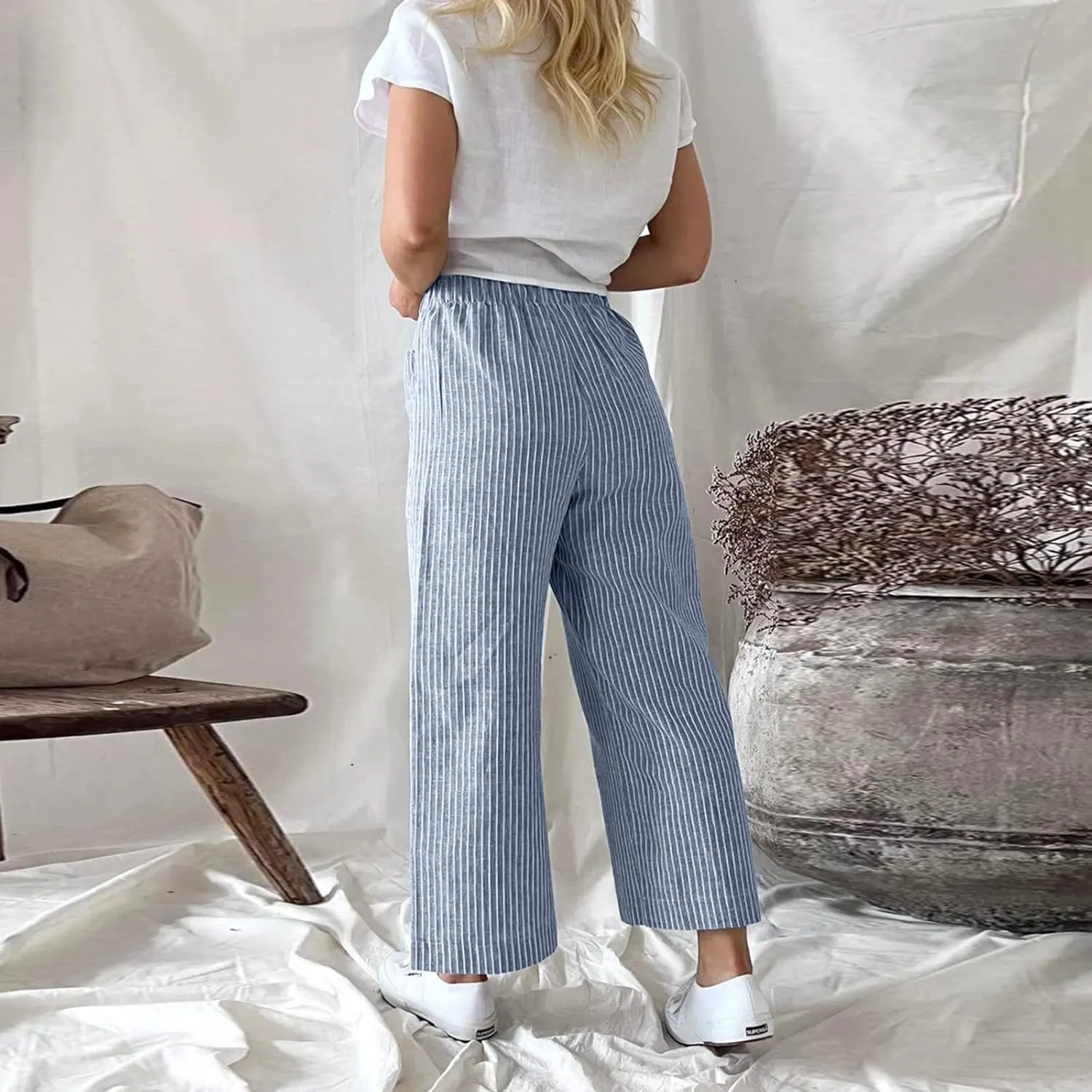 White Linen Pants Women Plus Size Women's Casual Cotton Linen Baggy Pants with Elastic Waist Relax Fit Lantern Trouser