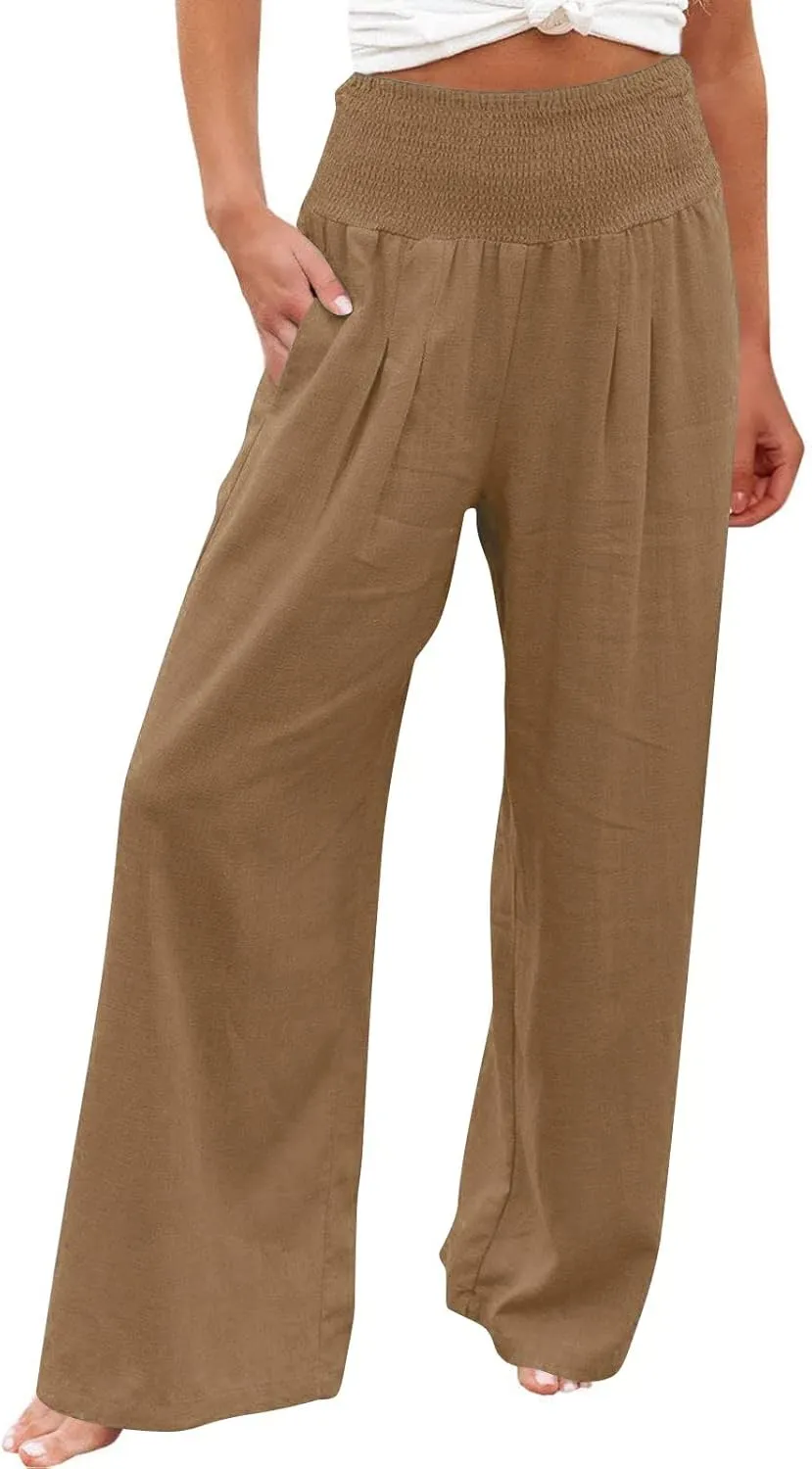 White Linen Pants Women Plus Size Women's Casual Cotton Linen Baggy Pants with Elastic Waist Relax Fit Lantern Trouser
