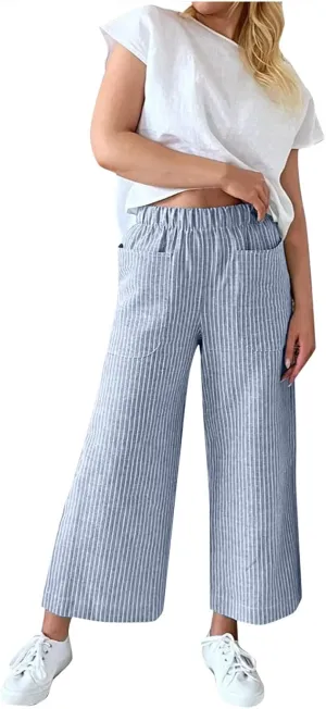 White Linen Pants Women Plus Size Women's Casual Cotton Linen Baggy Pants with Elastic Waist Relax Fit Lantern Trouser