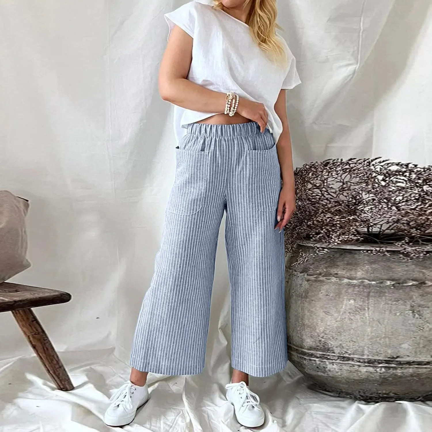 White Linen Pants Women Plus Size Women's Casual Cotton Linen Baggy Pants with Elastic Waist Relax Fit Lantern Trouser