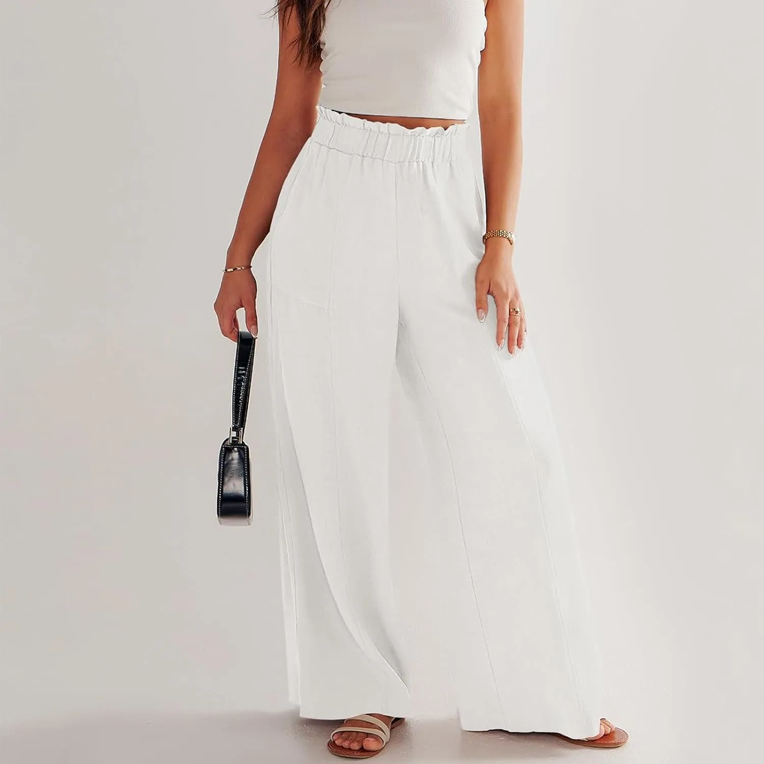 Wide Leg Dress Pants for Women Elastic Waist Loose Fit Work Pants Casual High Waisted Dressy Trousers with Pockets
